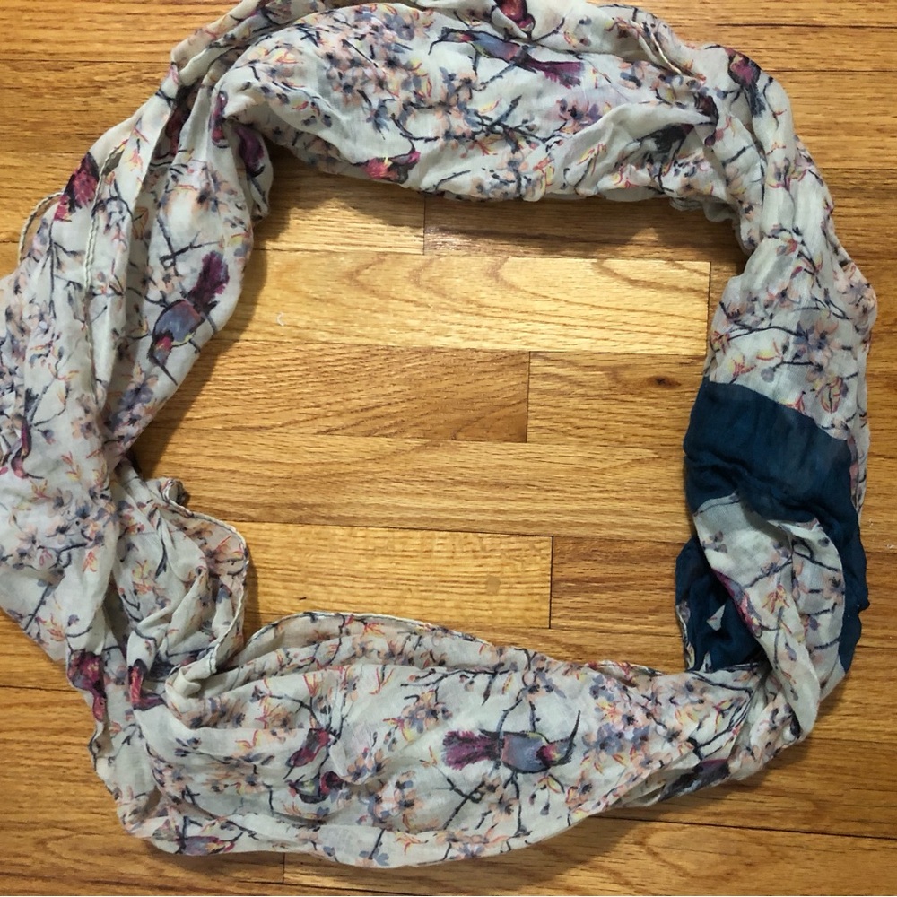 Ornate sheer pink floral bird wrap scarf blue stripe stylish cottagecore